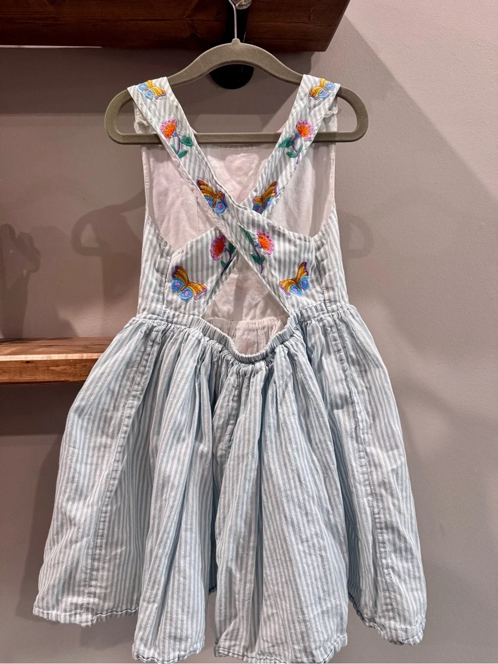 Mini Boden Light Blue Cross Back Pinafore Style Dress Bright Floral Embroidery - Picture 2 of 4